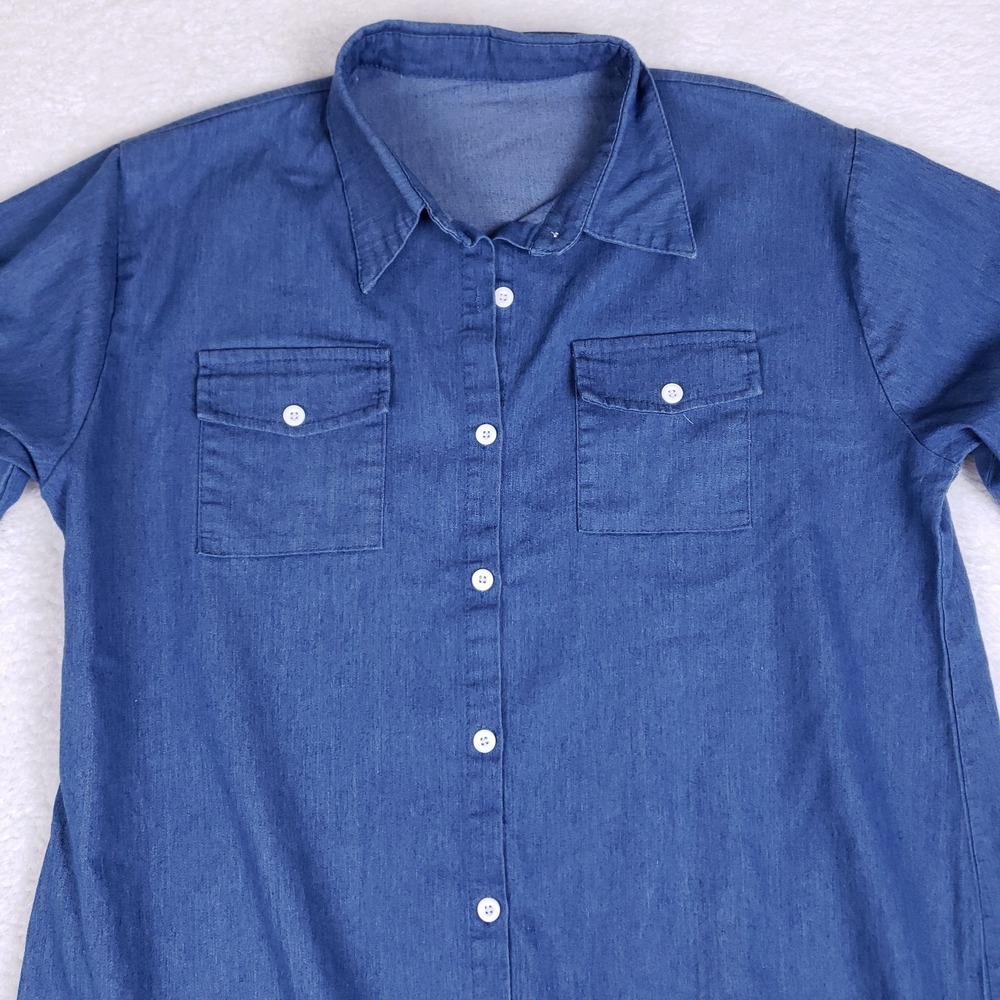 Blue Chambray Button Down Shirt Dress High Low Hem Long Sleeve Size 15 - Picture 2 of 7